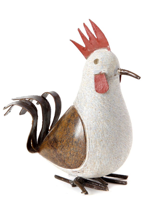 Recycled Metal and Serpentine Stone Rooster Sculpture