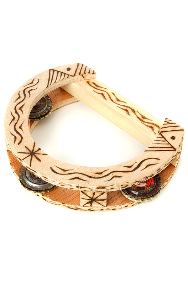 Burned Balsa Wood and Bottle Cap Tambourine