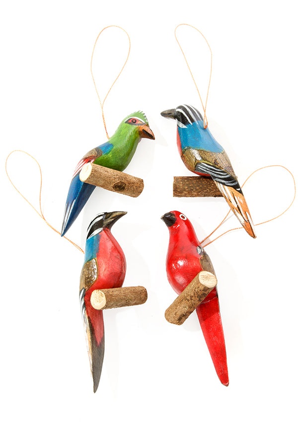 Set of Four Wooden Bird on Perch Ornaments
