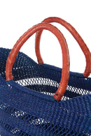Navy Blue Ghanaian Lacework Wing Shopper with Leather Handles