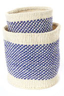 Set of Two Blue and Cream Twill Sisal Nesting Baskets