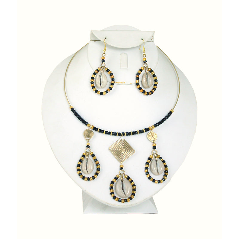 Beaded Brass & Cowrie Shell Necklace Set