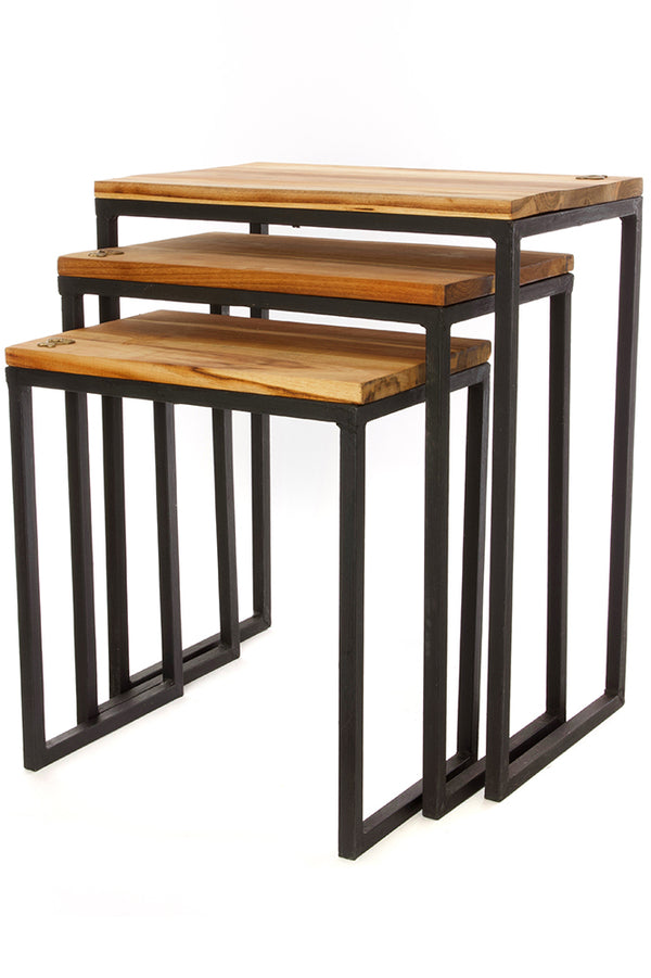 Set of Three Ghanaian Nesting Tables with Brass Sankofa Symbols