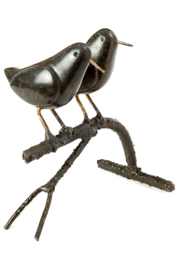 Double Songbird on Branch Stone and Metal Sculpture