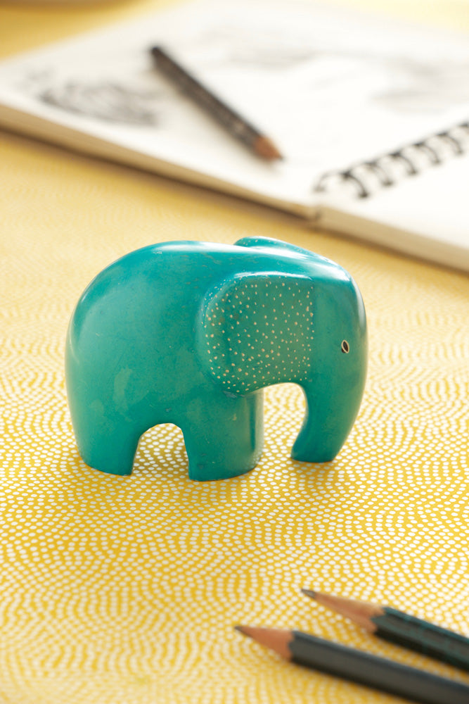 Aqua Bashful Elephant Soapstone Sculpture