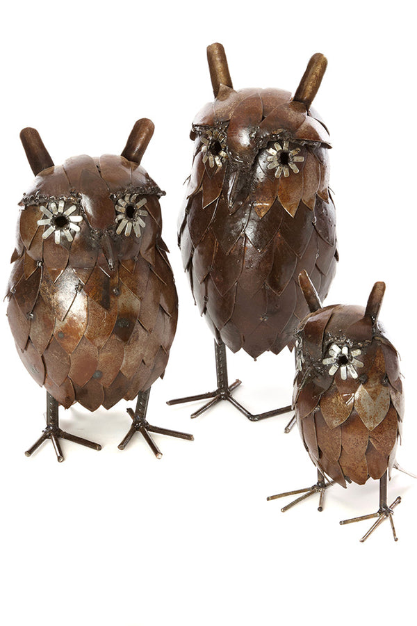 Brown Recycled Metal Great Horned Owl Sculptures