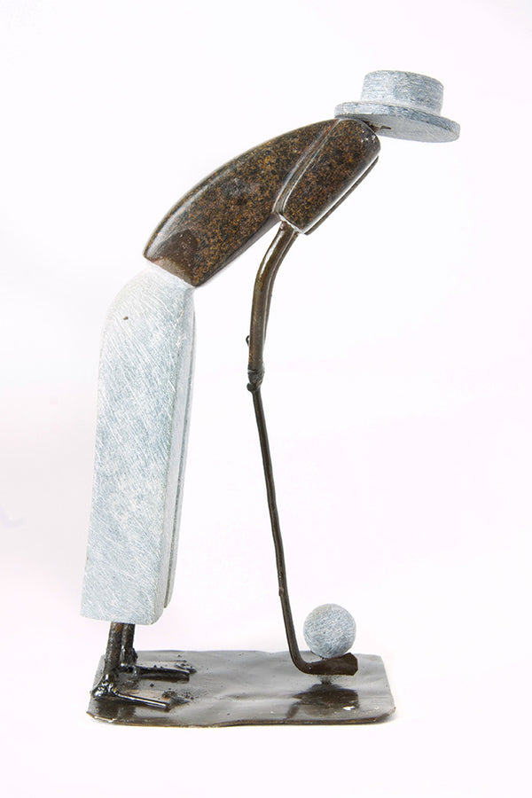 Zimbabwean Simple Life Stone and Metal Golfer Sculpture