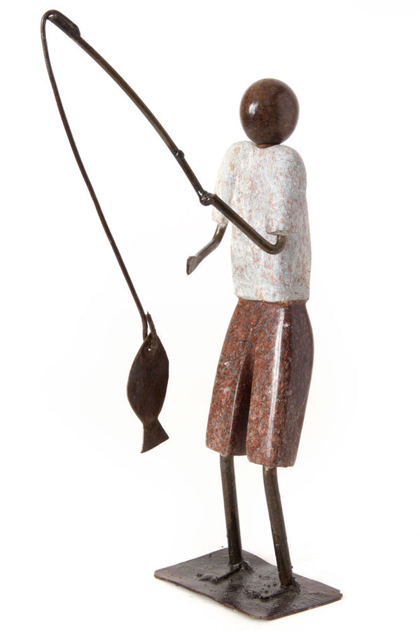 Zimbabwean Simple Life Stone and Metal Fisherman Sculpture