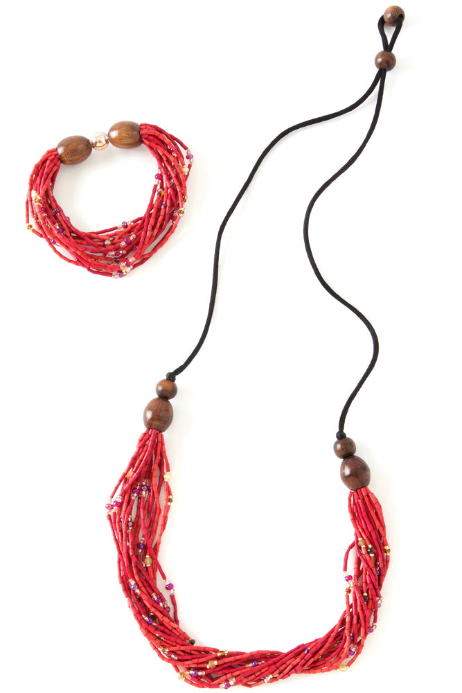 Cinnabar Multi-Strand Zulugrass & Acacia Wood Necklace