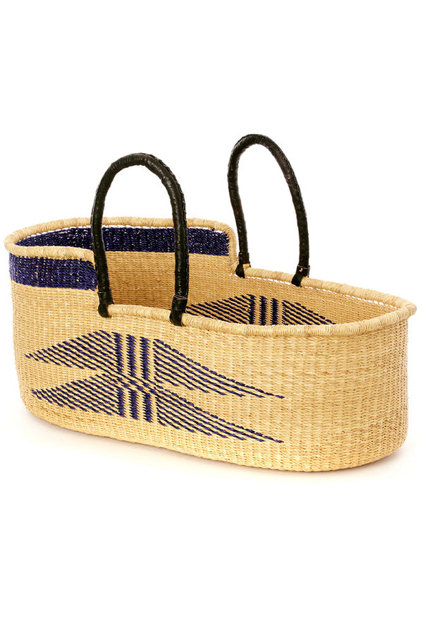 Ghanaian Indigo Angel Wings Moses Basket with Leather Handles