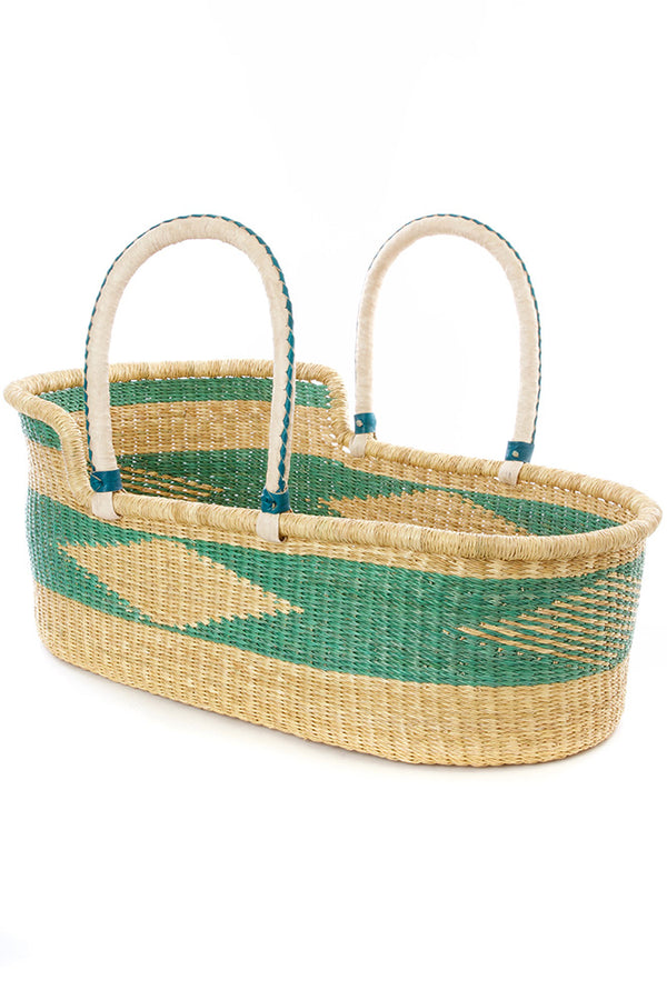 Ghanaian Seafoam Moses Basket with Leather Handles