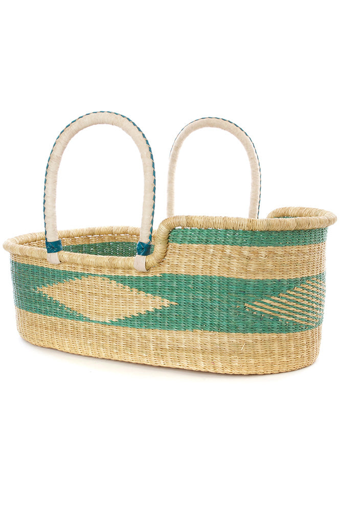 Ghanaian Seafoam Moses Basket with Leather Handles