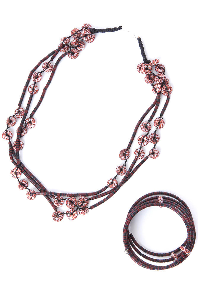 Tiger Phono Disc & Powder Glass Bead Coil Bracelet