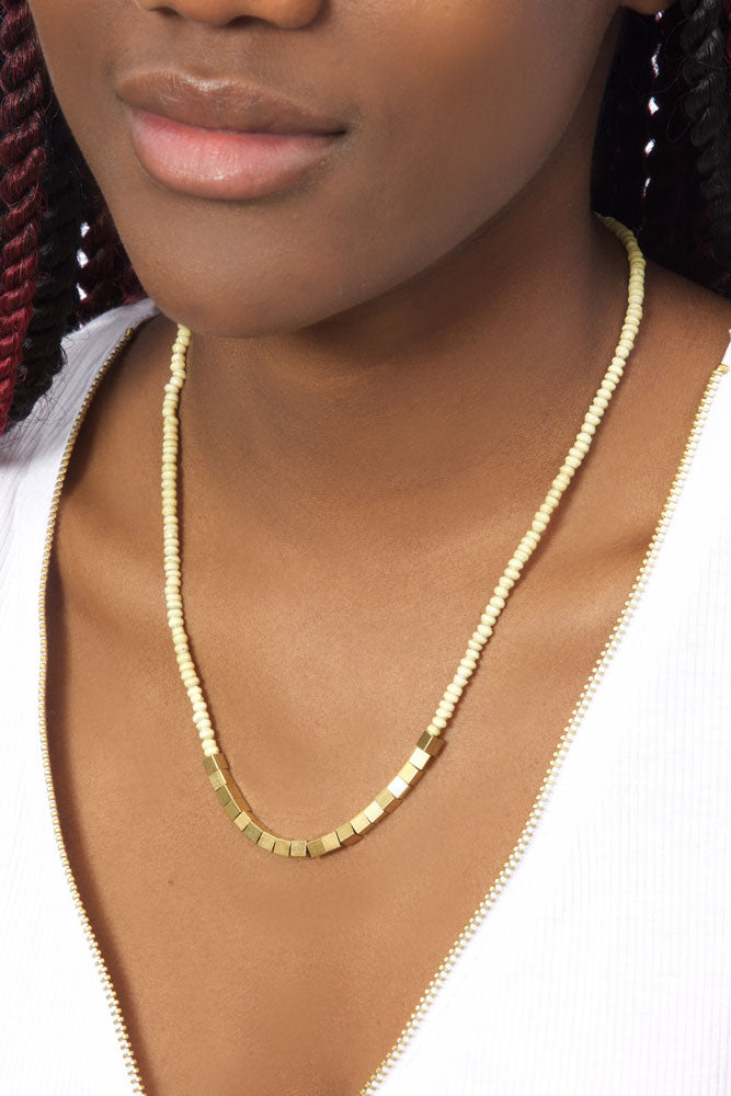 Ajuna Zoe Paper Bead and Brass Necklace in Cream